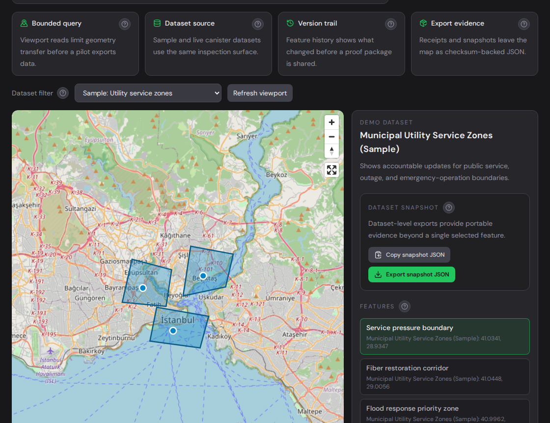 TermiNode live map with bounded spatial records, version context, proof receipt, and evidence export controls.
